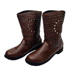 Brown leather boot highlighted by a studded design with a low block heel.* 8 1/2